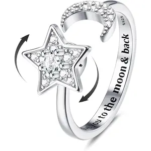 Sanfenly Diamday 925 Sterling Silver Fidget Anxiety Ring for Women Size 7 Spinner Fidget Rings for Anxiety Relief Stress Ring Cubic Zirconia Moon Star Open Spinning Anti Anxiety Rotatable Ring Women Girl with Box, Size 7 Rings, Moon Shape, Adjustable Fit
