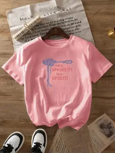 Women's Spaghetti Less Upsetti More Spaghetti Letter Print Round Neck Graphic Tee, Vintage Trendy Casual Short Sleeve T-shirt for Daily Wear, Ladies Summer Outfit, Top