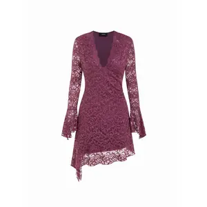 Cider Lace V-neck Bell Sleeve High Low Mini Dress