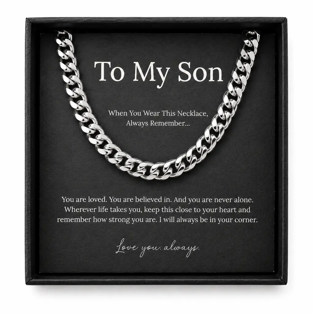 To My Son Cuban Link Chain Gift Set for Men, Stainless Steel Cuban Necklace with Message Card, Ready-to-Gift Black Luxury Drawer Box, Waterproof & Sweatproof Everyday Chain Gift for Son – Birthday Graduation Christmas Gift