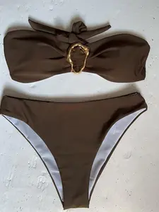 Women's Solid Color Bikini Set, Casual Fashion Chic Metal Decor Strapless Swim Bra & Swim Panty  Swimsuit for Beach Holiday Vacation, Ladies Summer Clothes