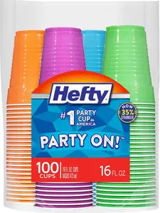 Hefty Party On 16oz Disposable Plastic Cups – 100 Count Assorted Party Drinking Cups