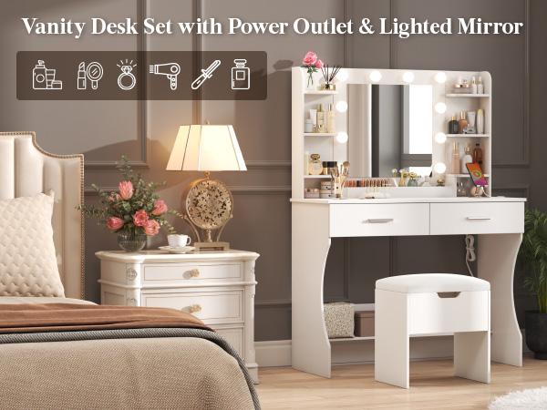 Lifewit Vanity with Mirror Adjustable Lighting, 2 Power Outlets/USB Ports, Makeup Desk with Storage Stool, 8 Open Shelves, 2 Drawers, Lipstick Holders