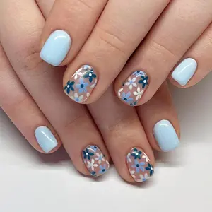 Curvlife short squoval floral Press On Nails blue glossy shiny patterns prints for spring Easy Apply Nail Art