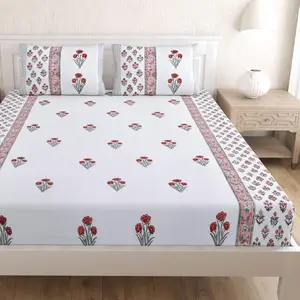 Elegant 100% Cotton Floral Fitted Sheets | King & Queen Ethnic Bedding | Soft 3-Piece Set for Cozy, Breathable Sleep | Perfect Home Decor