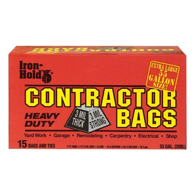 212 MAIN Iron Hold 618939 3 Mil 55 Gal Contractor Trash Bags with Wing Tie, 15 Count per Pack, 4 Packs Total, Three Mil
