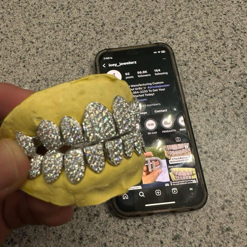 925 Sterling Silver Honeycomb Set Custom Moissanite Perm Cut Grillz