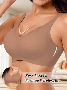 ✨1 Pack Women's Seamless Underwear Jelly Bra✨ Soft Support V-Neck Back Design Fit Wireless Bra, Push Up Anti-Sagging with Adjustable Straps, Full Bust Friendly for Parties & Going Out