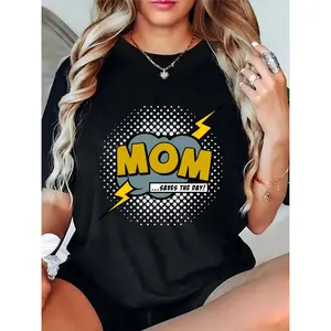 Women's Comic "MOM Saves The Day" Graphic T-Shirt, Superhero-Inspired Casual Tee for Moms, Ideal for Mother's Day & Daily Outings
