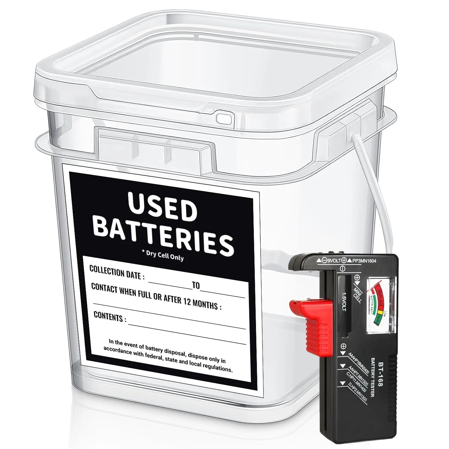 Battery Recycling Container with Battery Testers for Household Batteries, QHAND Used Battery Disposal Container with lid for Home Use, Office, Garage, Schools (1.32 Gallon)