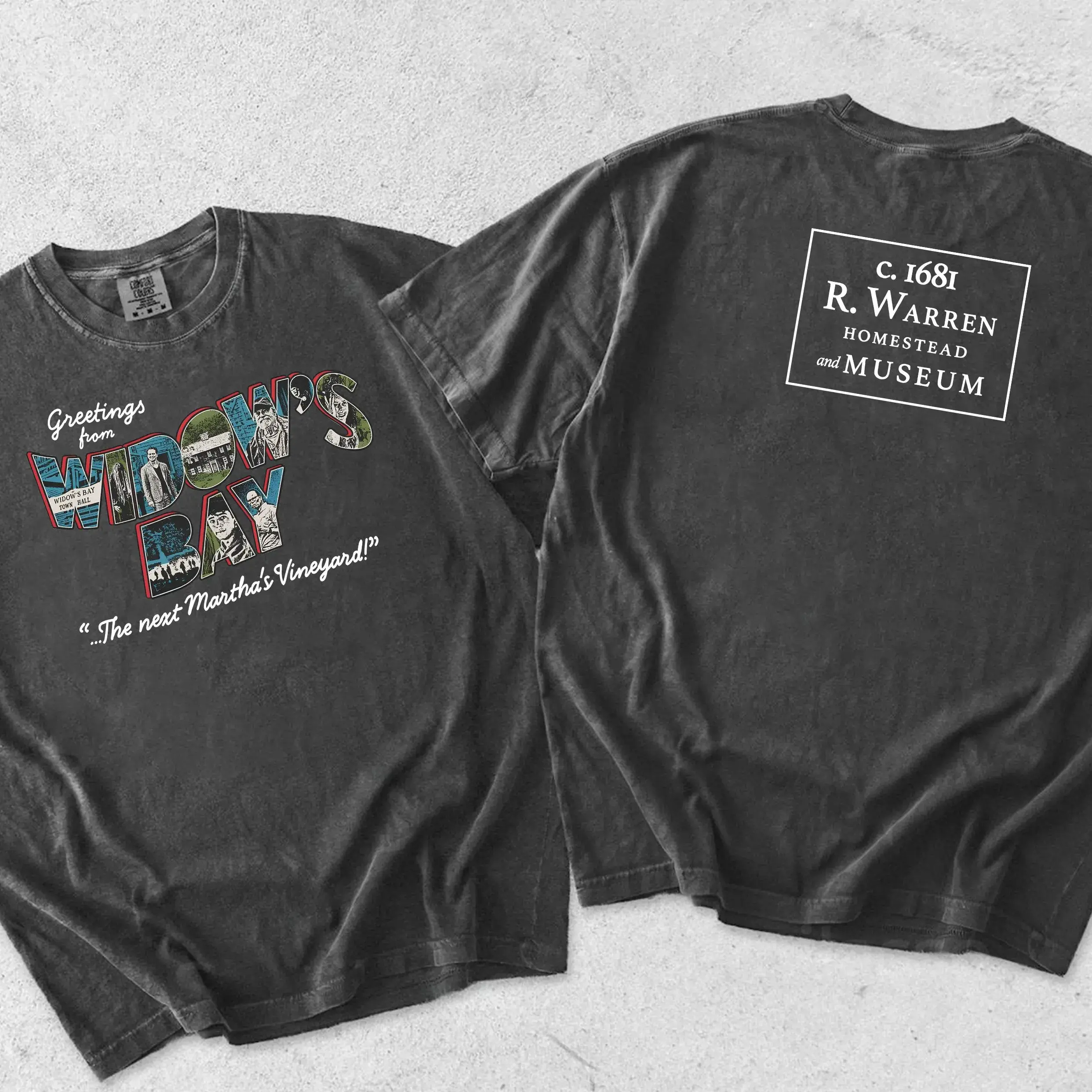 Greetings From Widow's Bay Two Sided Shirt, R Warren Homestead Museum Tee, Martha's Vineyard Mystery Town Graphic T-Shirt