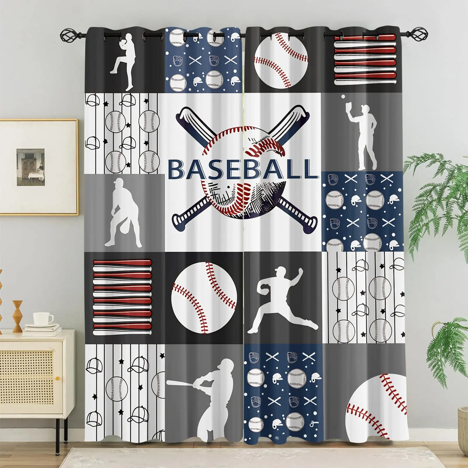 Baseball Patchwork Print Blackout Grommet Curtains, Sports Team Pattern Window Drapes for Boys Bedroom, Man Cave, Baseball Fan Home Decor, 2 Panels, Privacy Grommet Curtains, Blackout Window Cover
