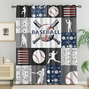 Baseball Patchwork Print Blackout Grommet Curtains, Sports Team Pattern Window Drapes for Boys Bedroom, Man Cave, Baseball Fan Home Decor, 2 Panels, Privacy Grommet Curtains