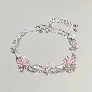 Shiny Pink Crystal Cherry Blossom Bracelets For Women Girls Sweet Moon Bow Flowers Zircon Bracelet Party Aesthetic Egirl Jewelry（gift）（gift）