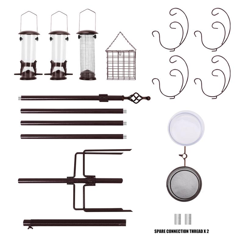 94 Inch Metal Bird Feeding Station, Squirrel-proof Bird Feeder Pole, Complete Multi-Feeder Poles Kit with Four Additional Feeders, A Water Bowl And Food Tray