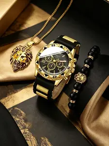 3pcs Men's Quartz Analog Watch Set, Quartz Round Face, Includes Lion Necklace and Bracelet, Perfect Gift for Him, All Seasons Fashion Accessory