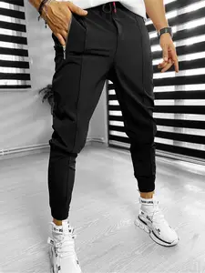 Men's Regular Fit Solid Fabric Pocket Drawstring Waist Pants, Casual Comfy Zipper Design Trousers for Daily Wear, Men's Bottoms for All Seasons