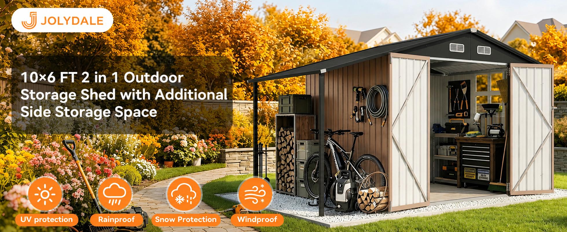 Jolydale Outdoor Storage Shed Metal Lean to Sheds withGazebo,Open Firewood Storage,Garden Shed with LockableDoors,Sloped Roof,Windows, 2 in 1 Large Tool Shed forPatio. Backvard. Lawn