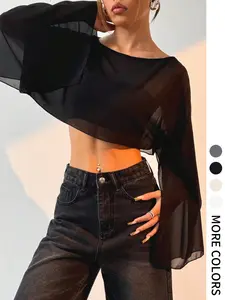 Women's Solid Color Sheer Blouse Asymmetrical Round Neck without Inner Top, Casual Long Sleeve Top for Daily Wear, Ladies Clothes for All Seasons