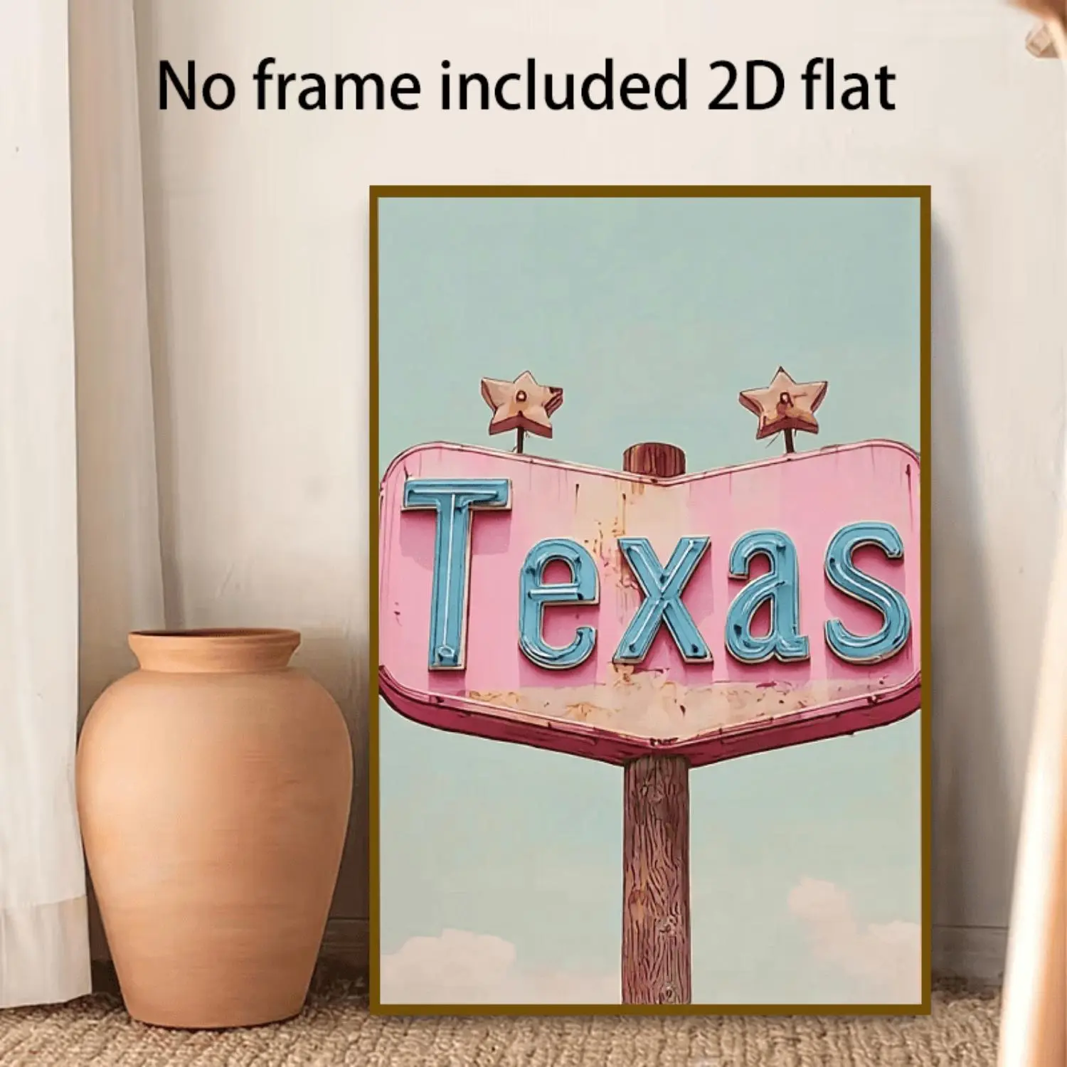 2D Flat, 2D Flat, A 2D Flat Canvas Painting Without a Frame Featuring a Vintage Style 'Texas' Road Sign, with a Pink Background And Blue Lettering, Adorned with Two Stars at The Top. 
