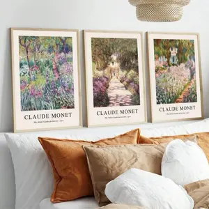 3PCS Claude Monet's Canvas Art Print "Giverny Artist's Garden" - A Vibrant Floral Landscape with Red Channels, Making It An Ideal Choice for Living Room, Bedroom, Office, and Garden Decoration. You Can Choose Between Framed and Unframed Options
