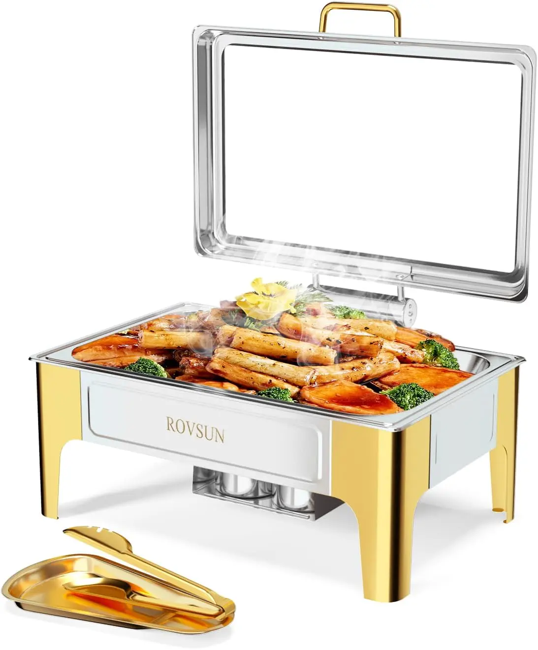 ROVSUN 9QT Chafing Dishes for Buffet, Roll Top Chafing Dish Buffet Set, Rectangular Chafers and Buffet Warmers Sets with Glass Lid & Serving Tong for Parties Weddings Catering Events, Gold & Silver