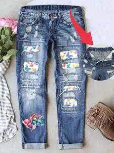 Women's Boyfriend Style Jeans Valentine's Day Distressed Ripped Design Butterfly Print Loose Fit Elastic Waistband for All Seasons