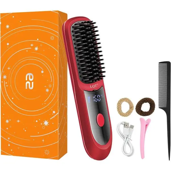 Cordless Hair Straightening Brush, Mini Portable Heated Hot Comb for Short Hair & Bangs, USB Rechargeable Anti-Scald Ceramic Styling Brush with 4000mAh Type-C Charging for Travel