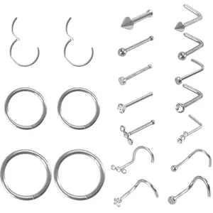 20pcs Surgical Steel Nose Ring,16G/18G Hypoallergenic Nose Rings Studs Set L Shape Nose Studs Body Piercing Nose Hoop Lip Ear Nose Rings for Women Men
