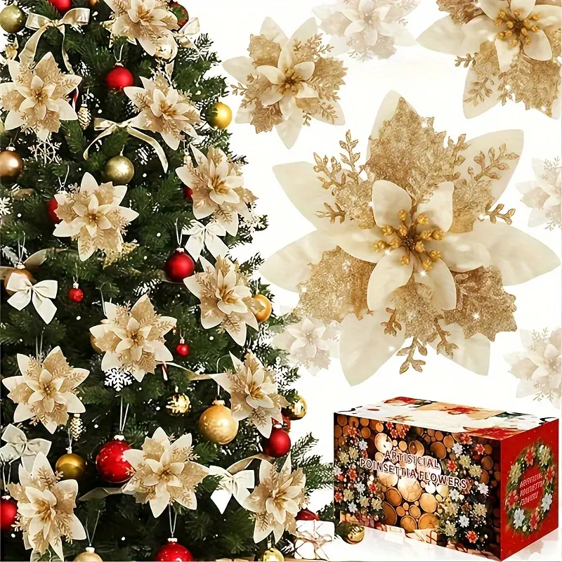 10 Pcs Golden Artificial Christmas Flowers with Clips - Realistic Layered Decoration for Christmas Trees, Weddings and Party Layouts - Elegant Golden Bouquet for Holiday Centerpieces & Venue Decor, Durable and Exquisite Design