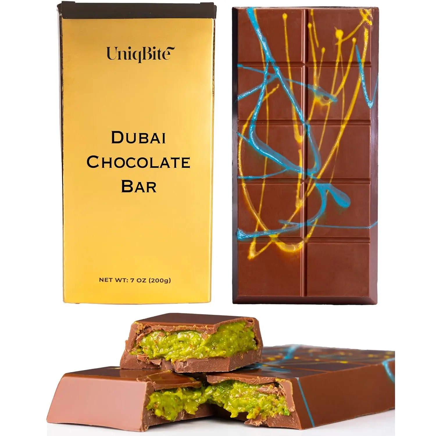 Dubai Chocolate Bar Pistachio, Viral Knafeh Chocolate Bar with Pistachio Cream and Crispy Kataifi, 7 oz (200gr), Gift Chocolate