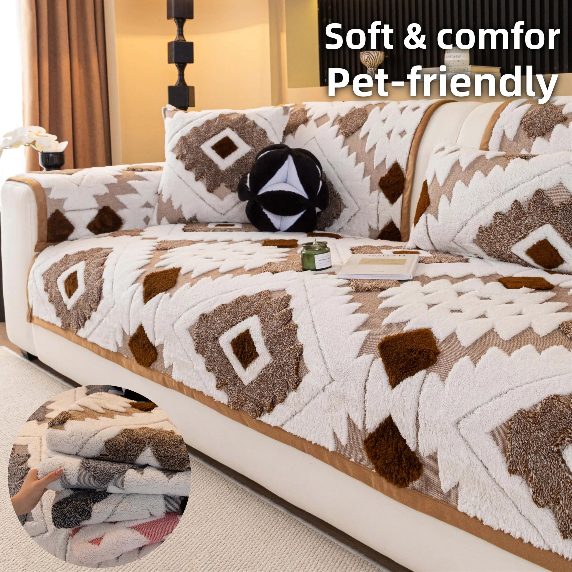 Plush Couch Cover, Sofa Slipcover, Sofa Furniture Slipcovers, 1 Count Boho Non-Slip Sofa Cushion Cover, Pet-Friendly Soft Sofa Protector, Machine Washable Anti-Scratch Throw, Fits 1-4Seater Lounger, All-Season Cozy Living Room Decor