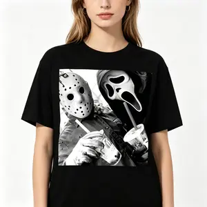 "Vintage Jason And Ghost Face Halloween" 90s Horror Movie Graphic Tee |   Humorous Retro Slasher Film Culture Character Fandom Statement T-Shirt |   Men's & Women's Casual Streetwear Top