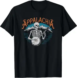 100% Cotton Bluegrass Banjo Skeleton, Appalachia Country Bluegrass Music T-Shirt