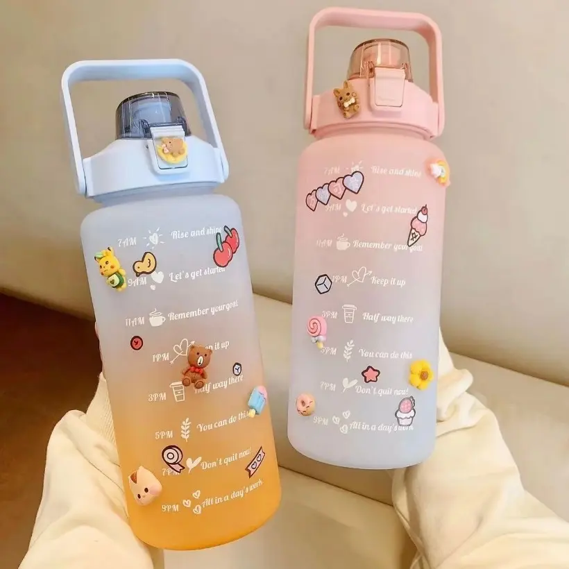 Stylish 2000ML Baby Pink Water Bottle - Father's Day Special - Comes with Beautiful Stickers - Large Capacity Gradient Straw Drinking Water Bottle - Portable and Ideal for Fitness, Gym, Office, and Outdoor Activities - Reusable, Washable Drinkware