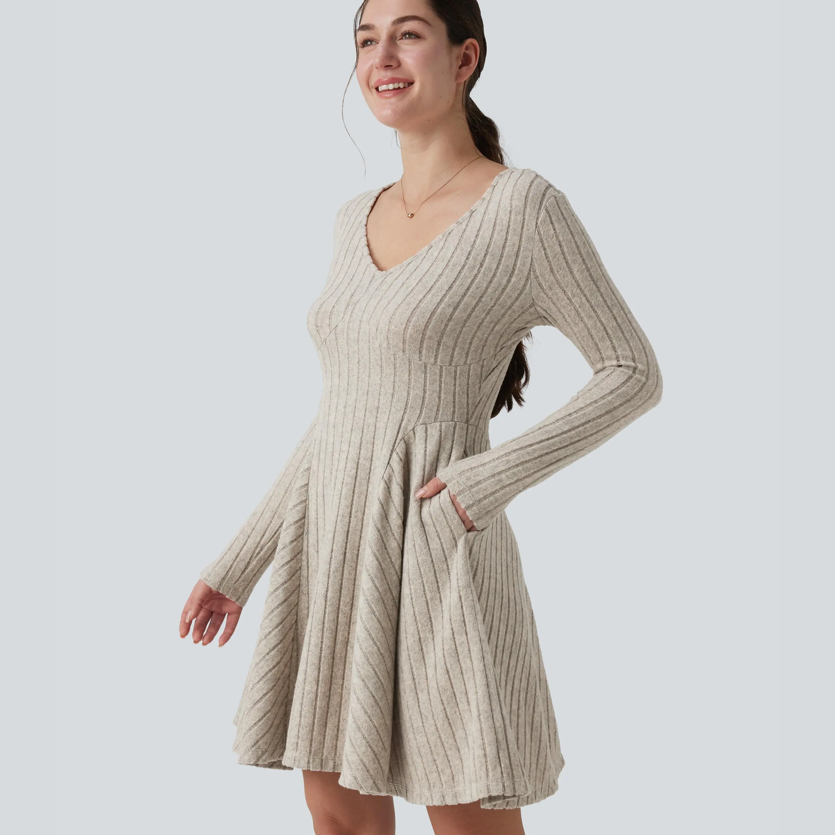 Halara Ribbed Knit V Neck Long Sleeve Flare Mini Casual Dress with Pockets - TikTok Shop Halara Ribbed Knit V Neck Long Sleeve Flare Mini Casual Dress with Pockets - TikTok Shop