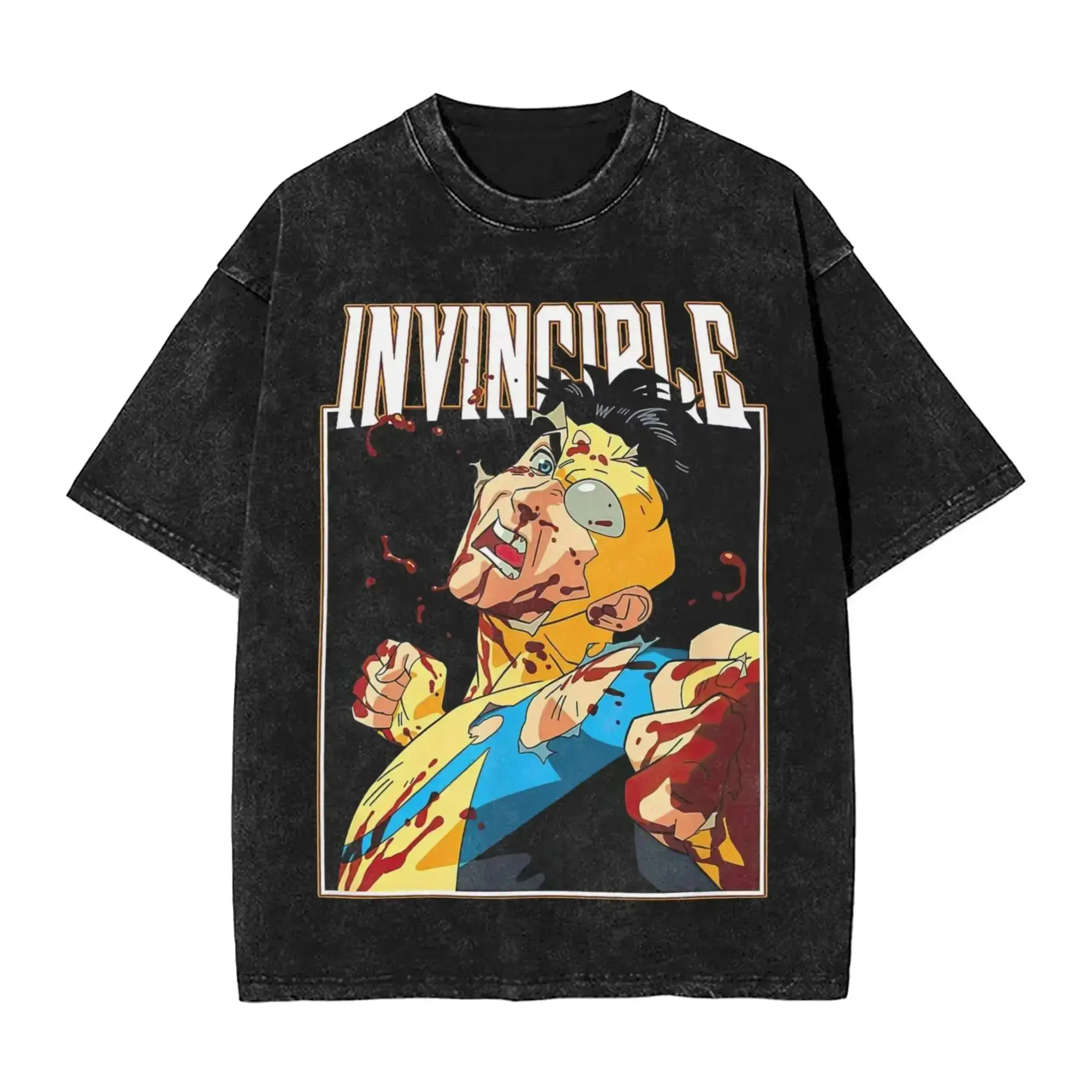 Invincible Mark Grayson Comic Graphic Tee, Vintage Acid Wash Unisex T-Shirt, Anime OOTD show Blood Splatter Superhero Top, Y2K Grunge Harajuku Aesthetics Hip Hop Streetwear Clothes for Men and Women Casual Garment