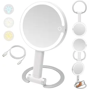 Magnifying Mirror with Lights, 10X Lighted Makeup Mirror with Magnification & 3 Color Modes, Touch Control, Portable with Detachable Stand