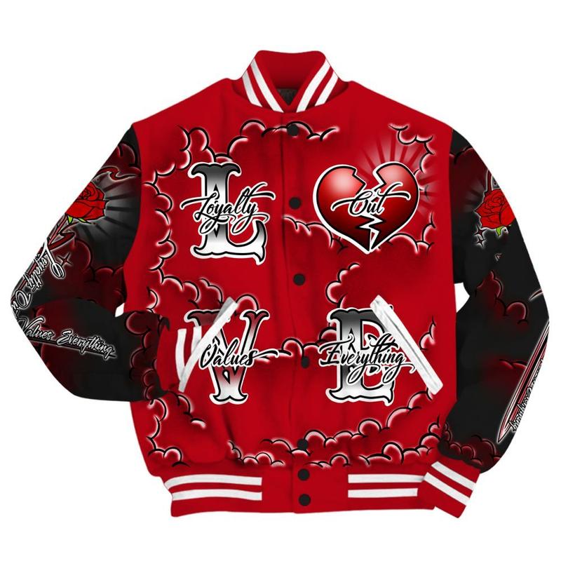 Bred Velvet 11s - Loyalty Wins Everything All Over Print Baseball Jacket Unisex Outfits, Stylish Unisex Streetwear Outerwear, Sneaker Match Gifts Idea for Her Him, Varsity Jacket Fan Shirt