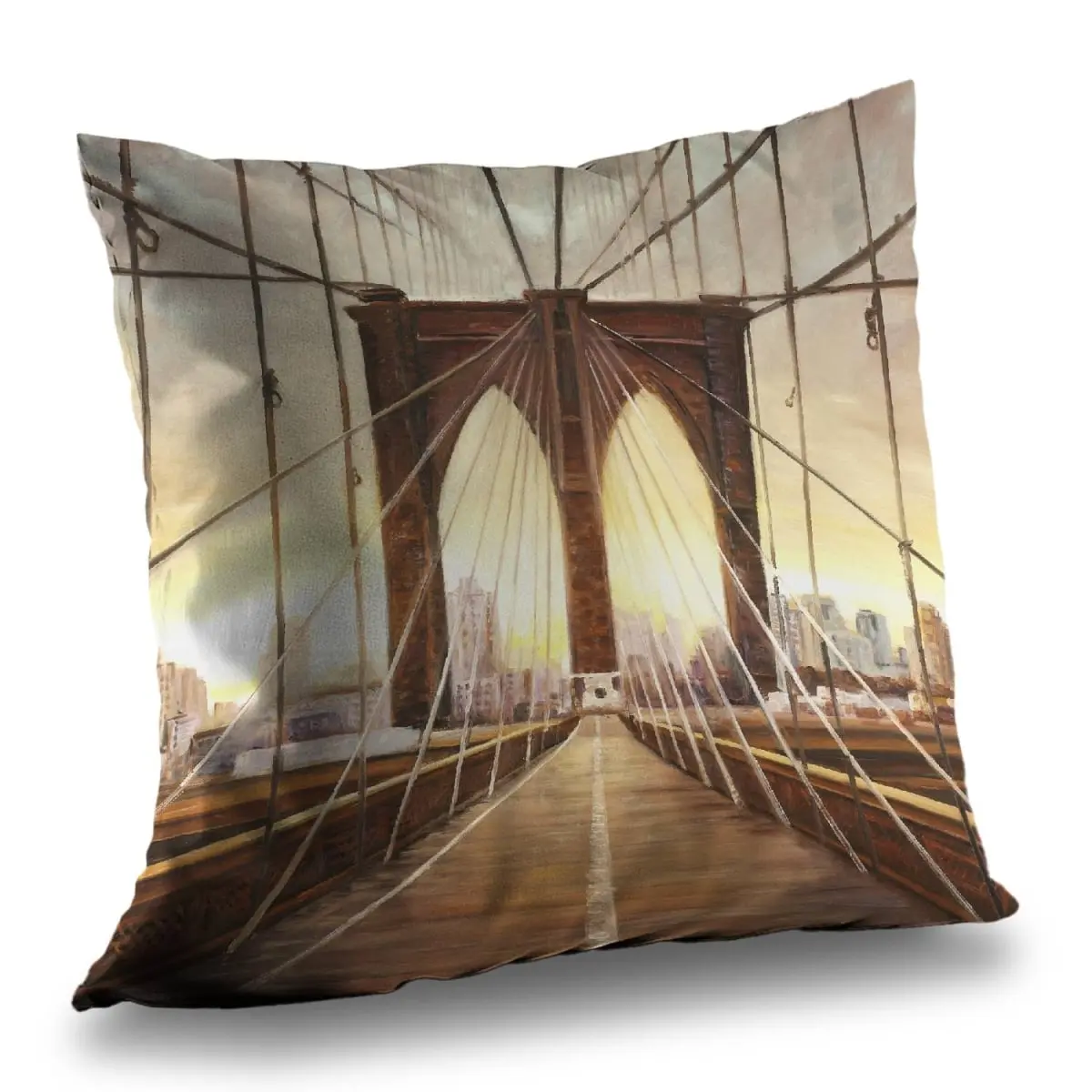 360 Stand Durable 14x14 in Lightweight Poly Twill Weave Throw Pillow - Brooklyn Bridge Sunset, Cityscape Print Home Decor Accent, Sweet Home Decor
