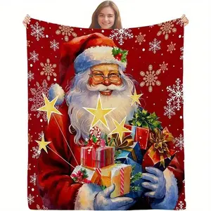 African American Black Santa Claus Full Print Letter Flannel Polyester Blanket - Heat-Retain, Traditional Santa Theme, Comfortable Lightweight Soft Plush, Indoor Sofa Use