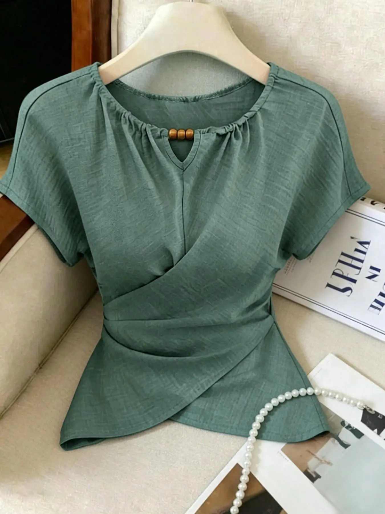 Short Sleeve Chic Aesthetic Blouse with Ruched Neckline, Beaded Keyhole Detail and Crisscross Waist, Fitted Wrap Front Top with Asymmetrical Hem for Casual and Office Wear