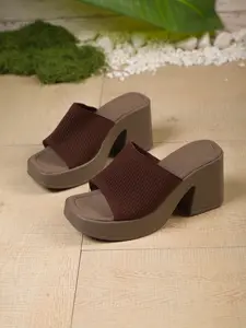 Summer New Fashion Versatile High Heel Slippers, European Style Solid Color Square Toe Waterproof Knit Casual Sandals