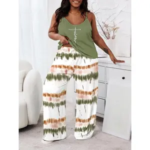 ��Plus Size�� Two-Piece Set Letter Printed Top & Tie Dye Print? Wide Leg Pants, Casual Sleeveless Top & Trousers for Daily Wear, Women's Two-piece Outfits for Summer