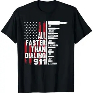 Cotton Short Sleeve T-Shirt for Men - "All Faster Than Dialing 911" Patriotic American Flag Design, Crew Neck, 100% Cotton, Casual All-Season Wear Graphic tees