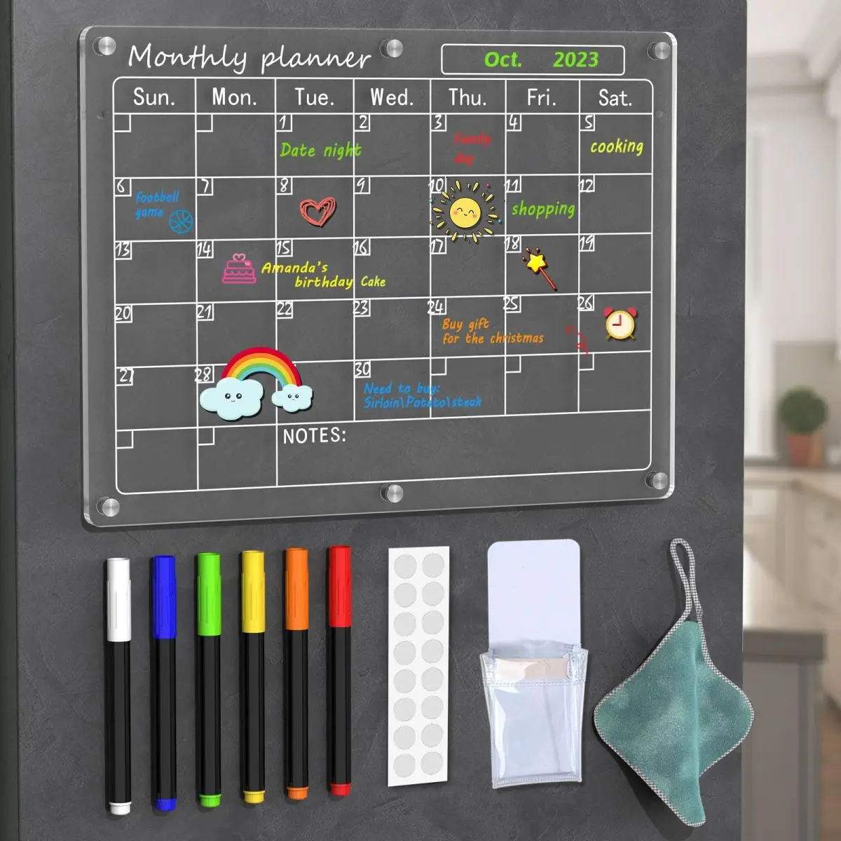 Acrylic Calendar for Fridge,Magnetic Calendar for Refrigerator,1Pack 12"x16" Clear Fridge Calendar Dry Erase Magnetic Planning Boards, Includes 6 Colo