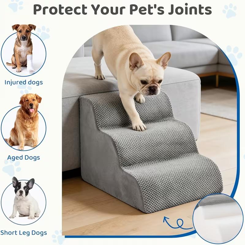 3-Step Extra Wide Foam Dog Stairs with Non-Slip Bottom - Safety & Stability Design for Small Pets Up to 40lbs, Home Use for High Beds/Couches/Sofas