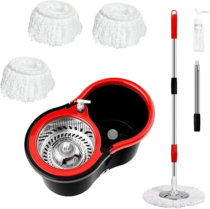 Spin Mop Bucket System with Replacement Heads for Efficient Cleaning, Washable