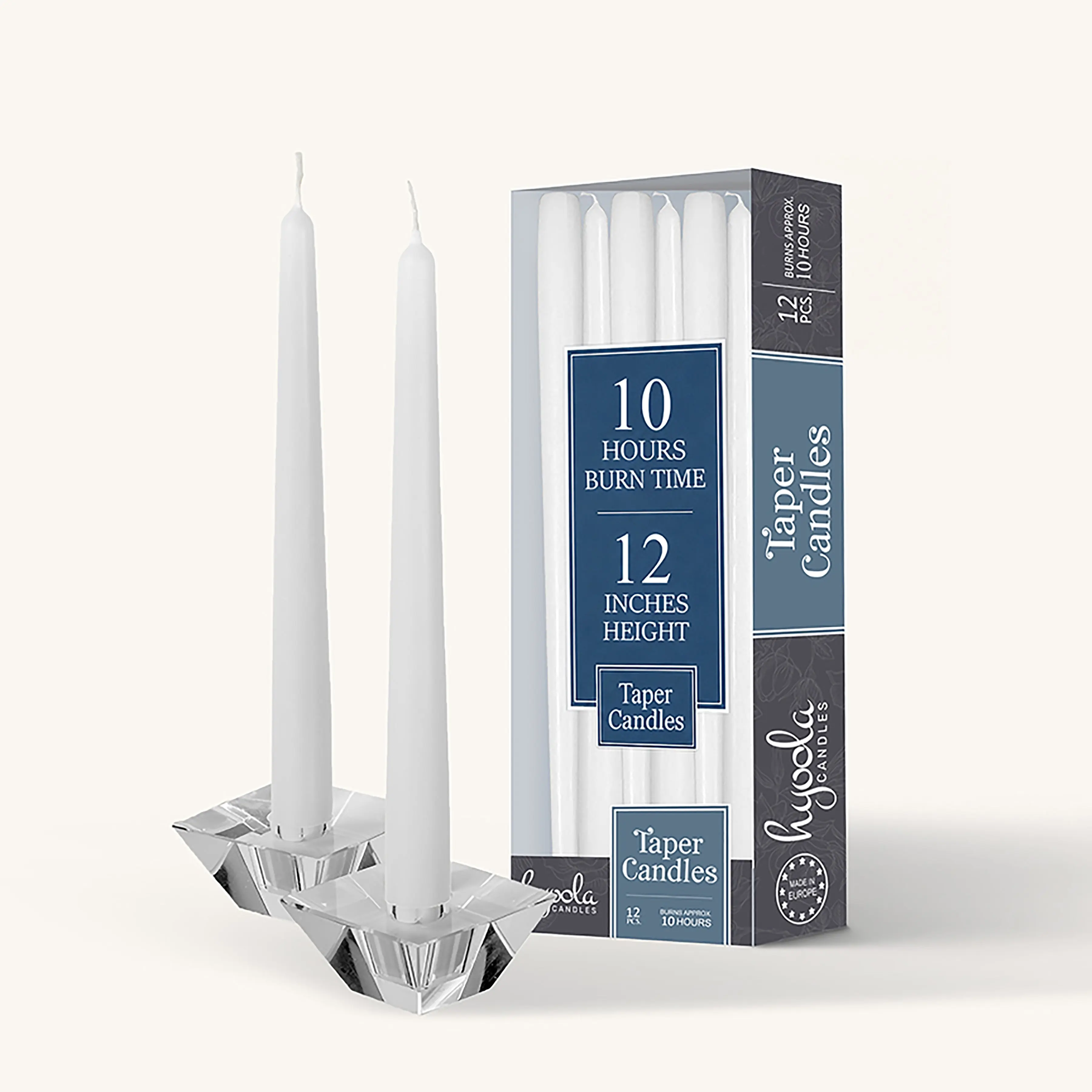 12" Paraffin Wax Taper Shape Candles, 12-Pack, 10-Hour Burn Time, European-Made, Unscented Smokeless Dinner Candles with Cotton Wicks for Weddings, Centerpiece Light, Home Decor