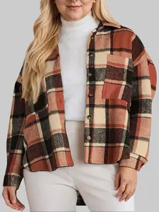 Women's Casual Plaid Shacket Long Sleeve Button Down Flannel Plus Shirts Jacket Coats with Side Pockets 18W-22W